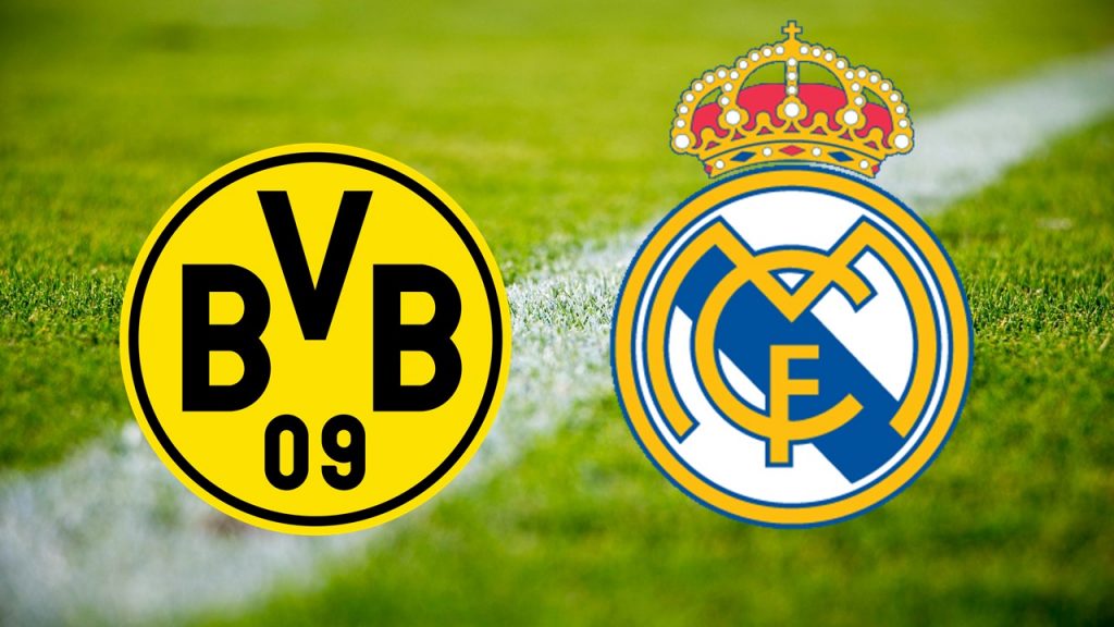 Logos enfrentados del Borussia Dortmund vs Real Madrid
