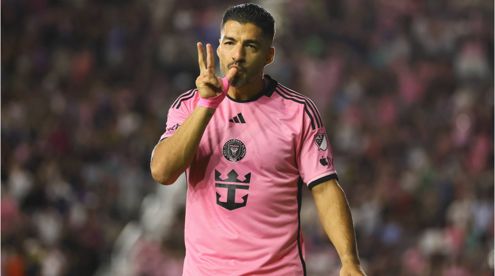 Luis Suarez celebrates a goal for Inter Miami.